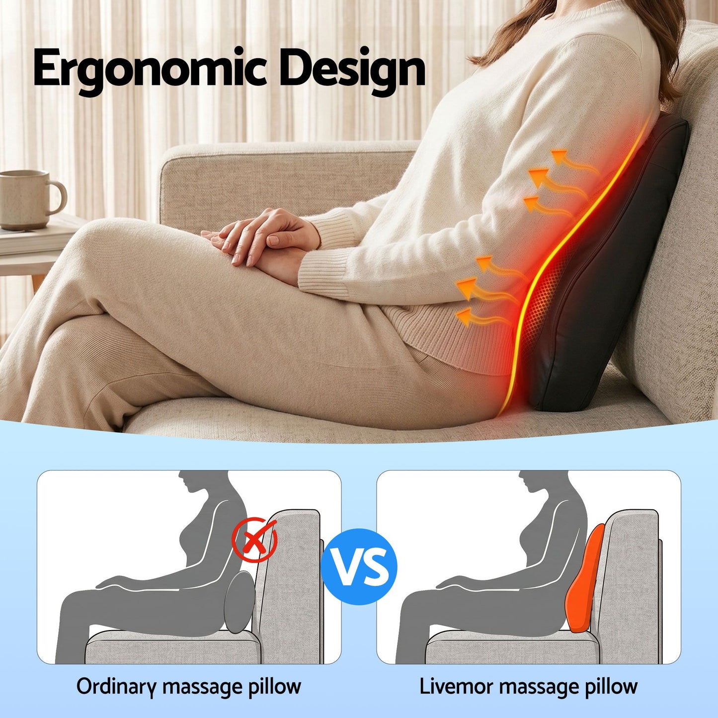 Livemor Back Massager Pillow with Heat & Traction, Neck, Shoulder Ergonomic Backrest for Office Chair & Lumbar Support- Large