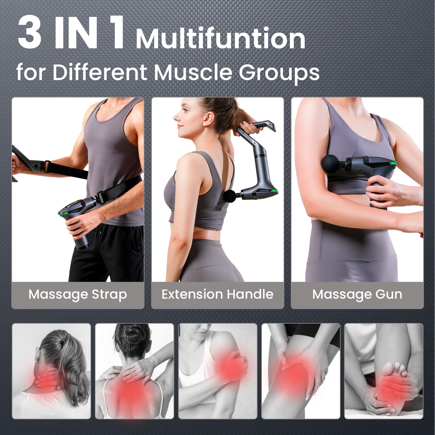 3-in-1 Massage Gun with Extendable Handle & Back Strap – 12-Speed Deep Tissue Muscle Massager, 4 Attachments, Yellow or Black