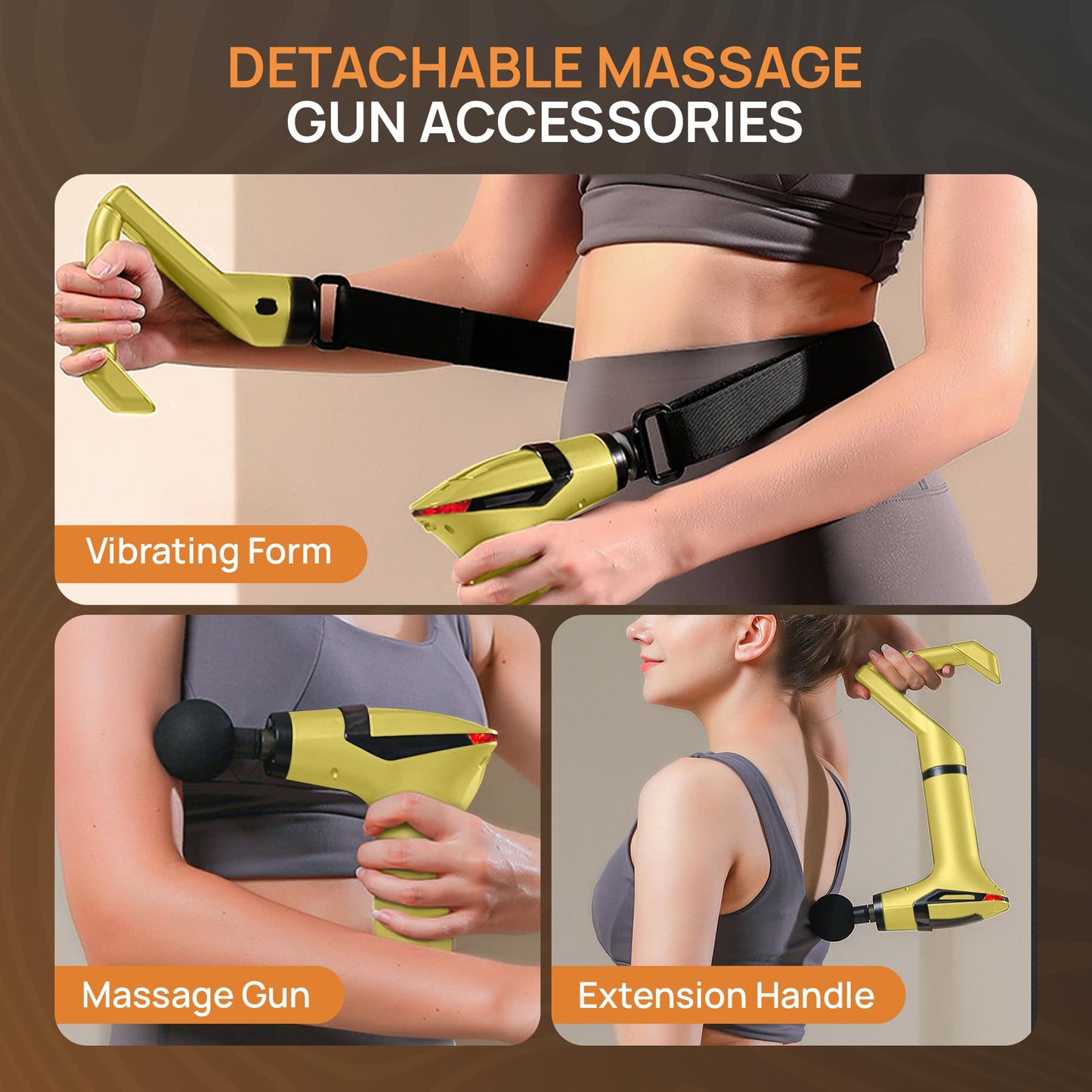 3-in-1 Massage Gun with Extendable Handle & Back Strap – 12-Speed Deep Tissue Muscle Massager, 4 Attachments, Yellow or Black