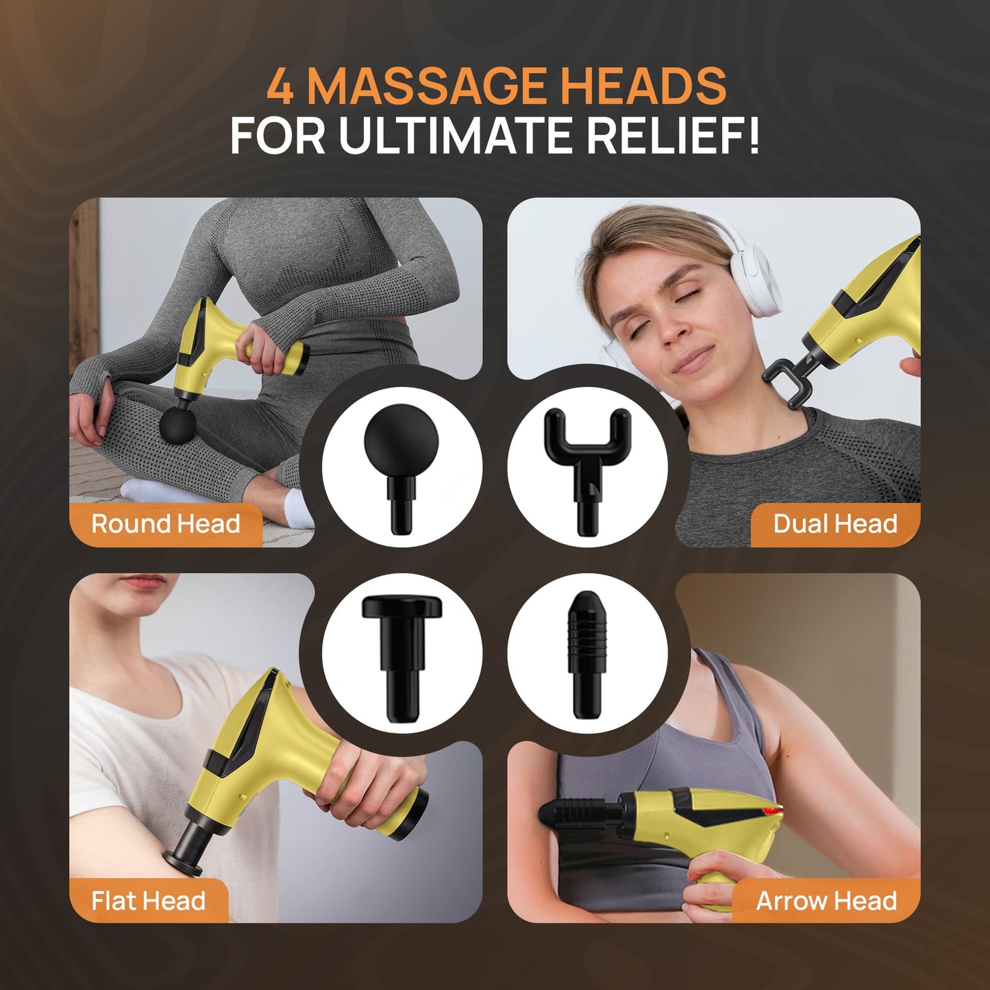 3-in-1 Massage Gun with Extendable Handle & Back Strap – 12-Speed Deep Tissue Muscle Massager, 4 Attachments, Yellow or Black