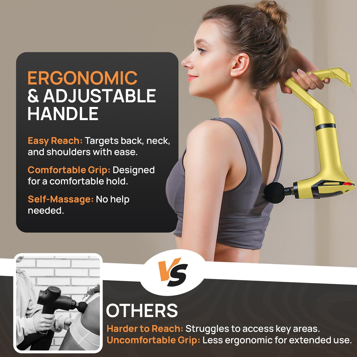 3-in-1 Massage Gun with Extendable Handle & Back Strap – 12-Speed Deep Tissue Muscle Massager, 4 Attachments, Yellow or Black