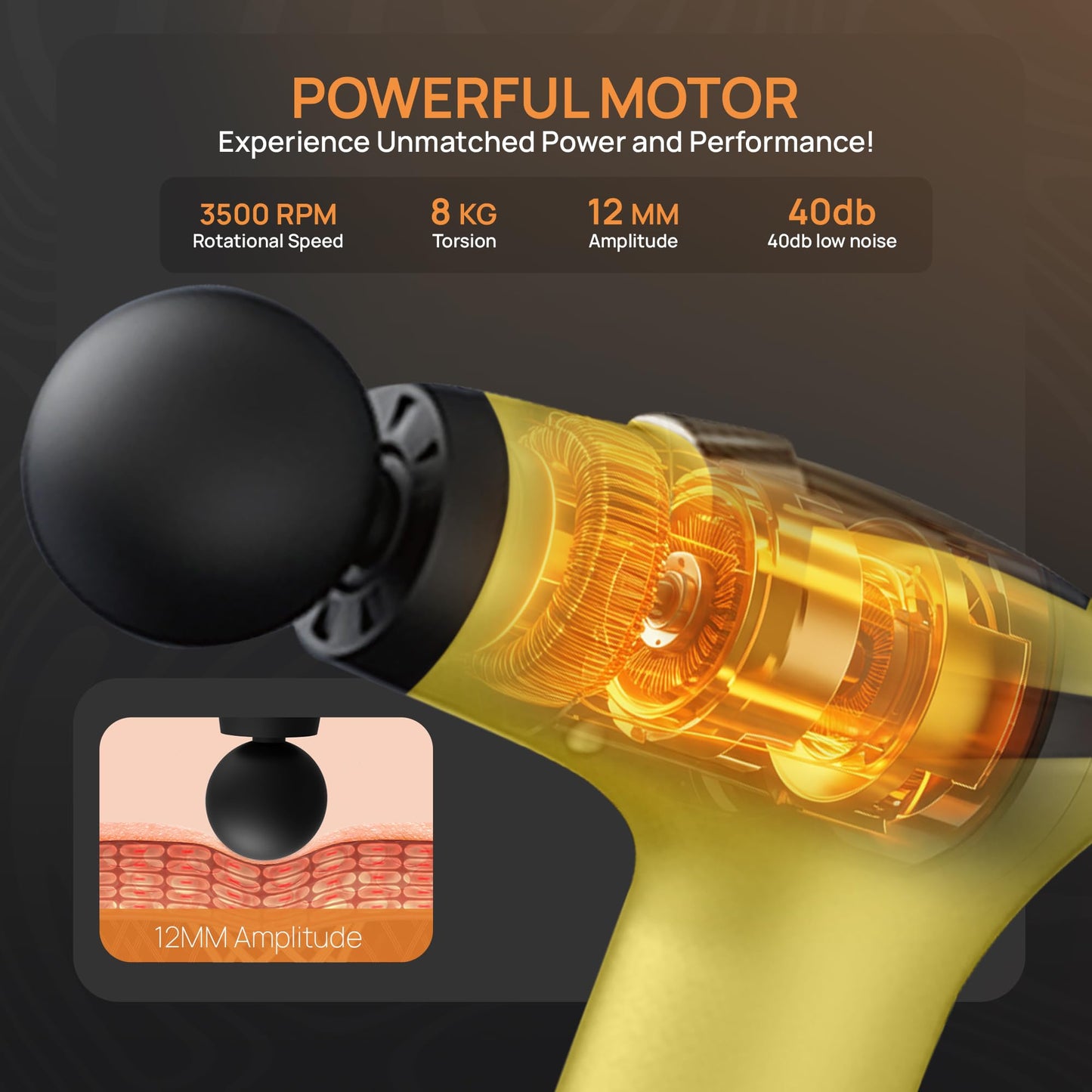 3-in-1 Massage Gun with Extendable Handle & Back Strap – 12-Speed Deep Tissue Muscle Massager, 4 Attachments, Yellow or Black
